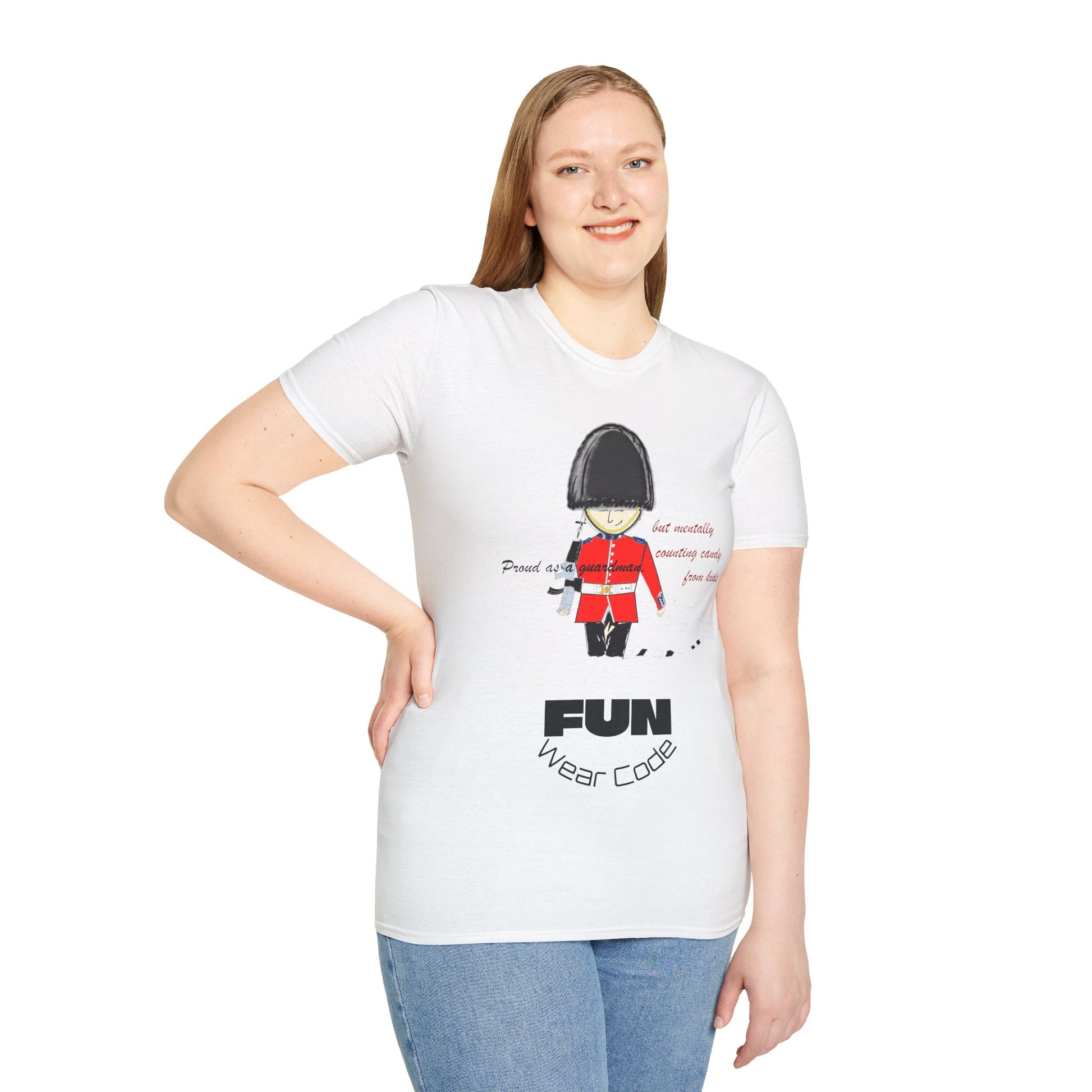Woman wearing a white t-shirt with a royal guardsman graphic design and text 'Fun Wear Code' on a white background
