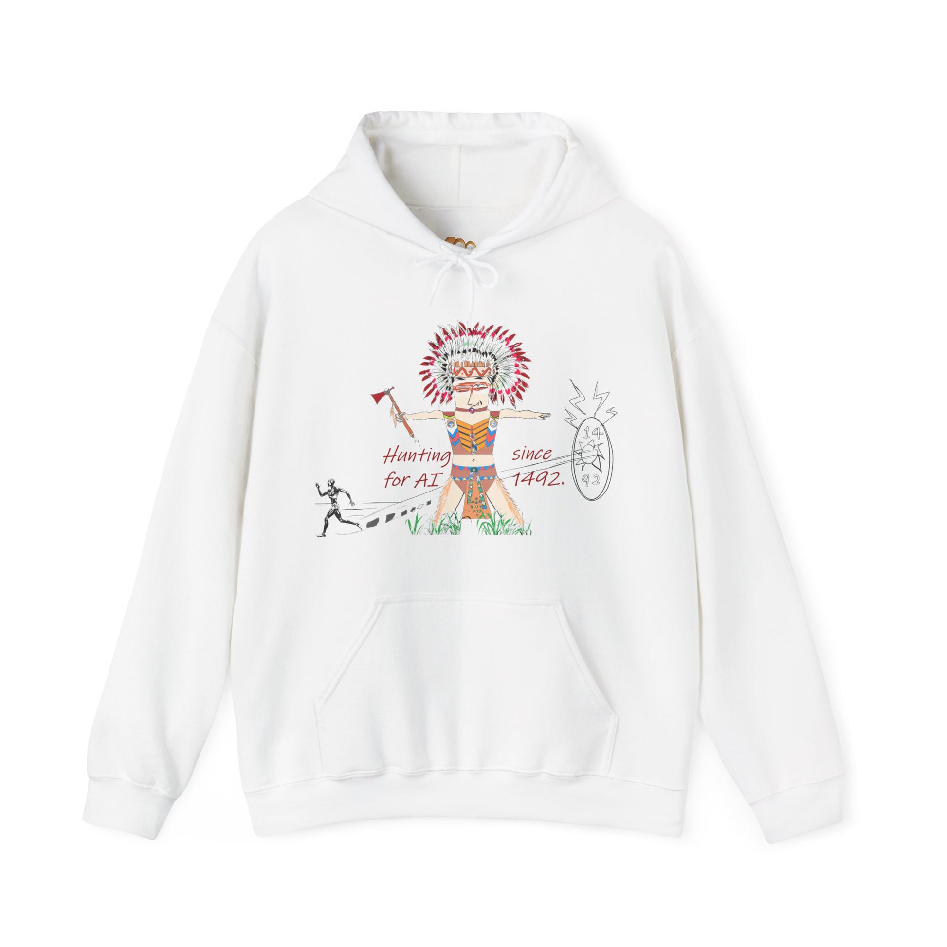 White hoodie with a colorful American native Indian graphic design on a white background