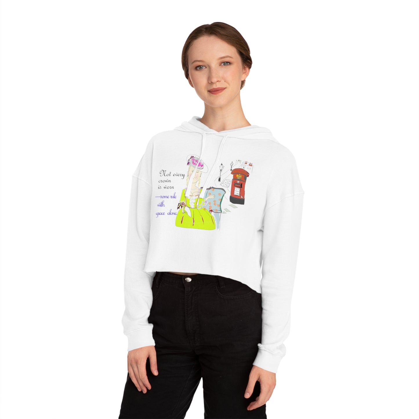 Person wearing a white hoodie with a colorful vintage dressed English lady graphic and text on a white background