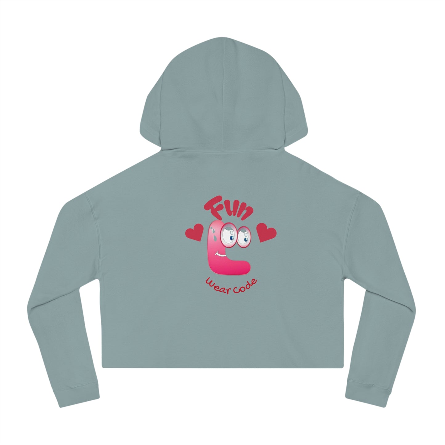 Light blue hoodie with a pink character and Funwearcode on the back against a white background