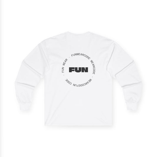 Back view of a white long-sleeve shirt with a FUN graphic design on a white background