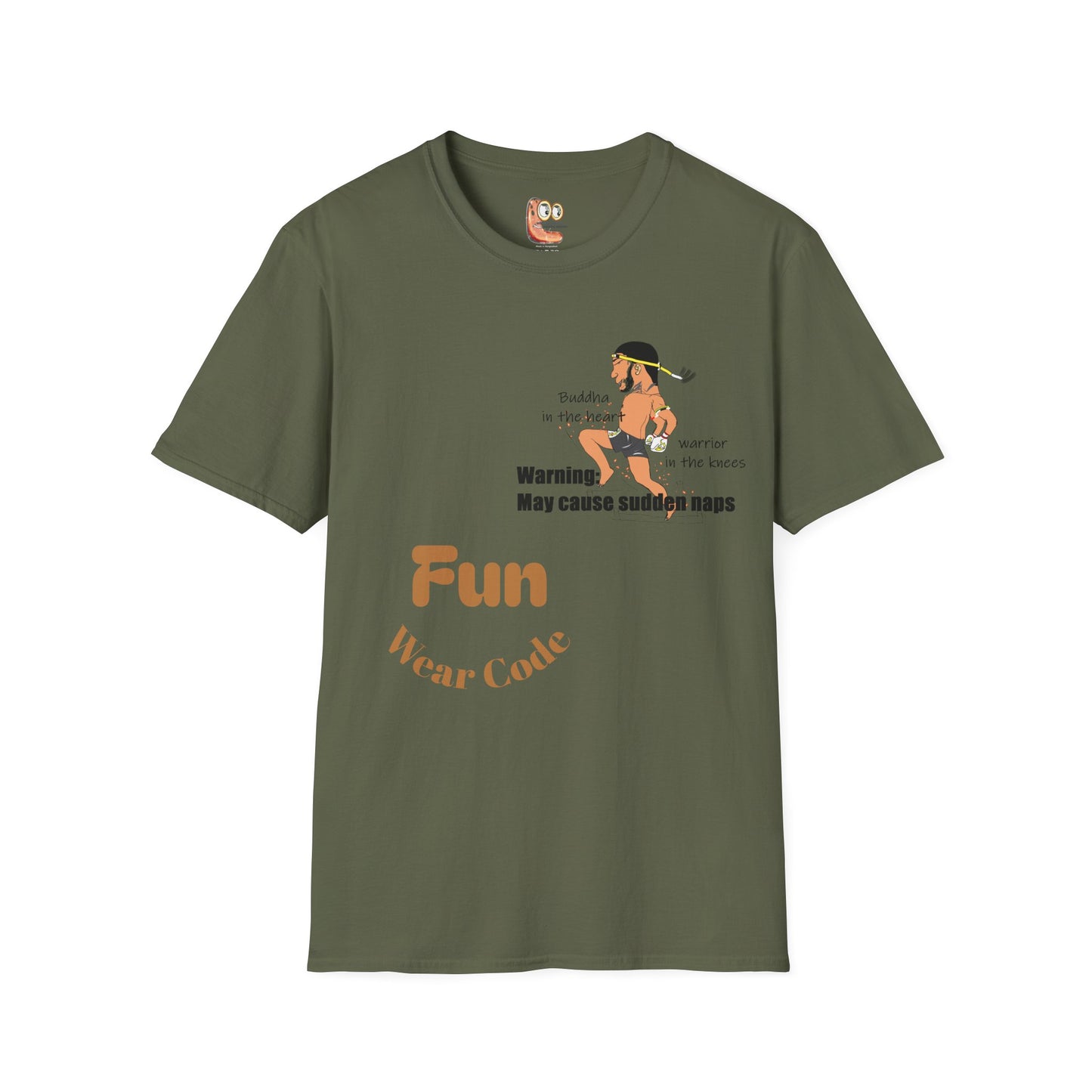 Green t-shirt with a Thai boxer graphic design and Fun Wear Code text on a white background