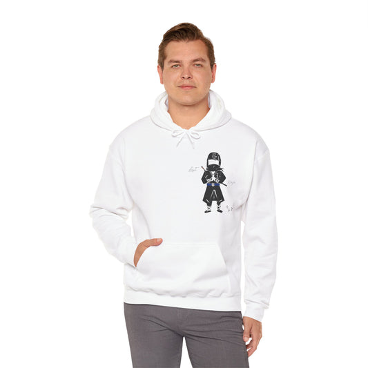 Front view of a man model wearing a white hoodie with a ninja graphic design on a white background