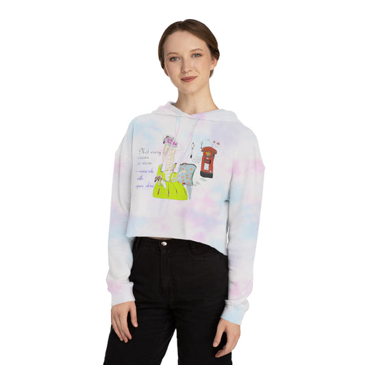 A girl wearing a tie-dye hoodie with a colorful vintage dressed English lady graphic on a white background