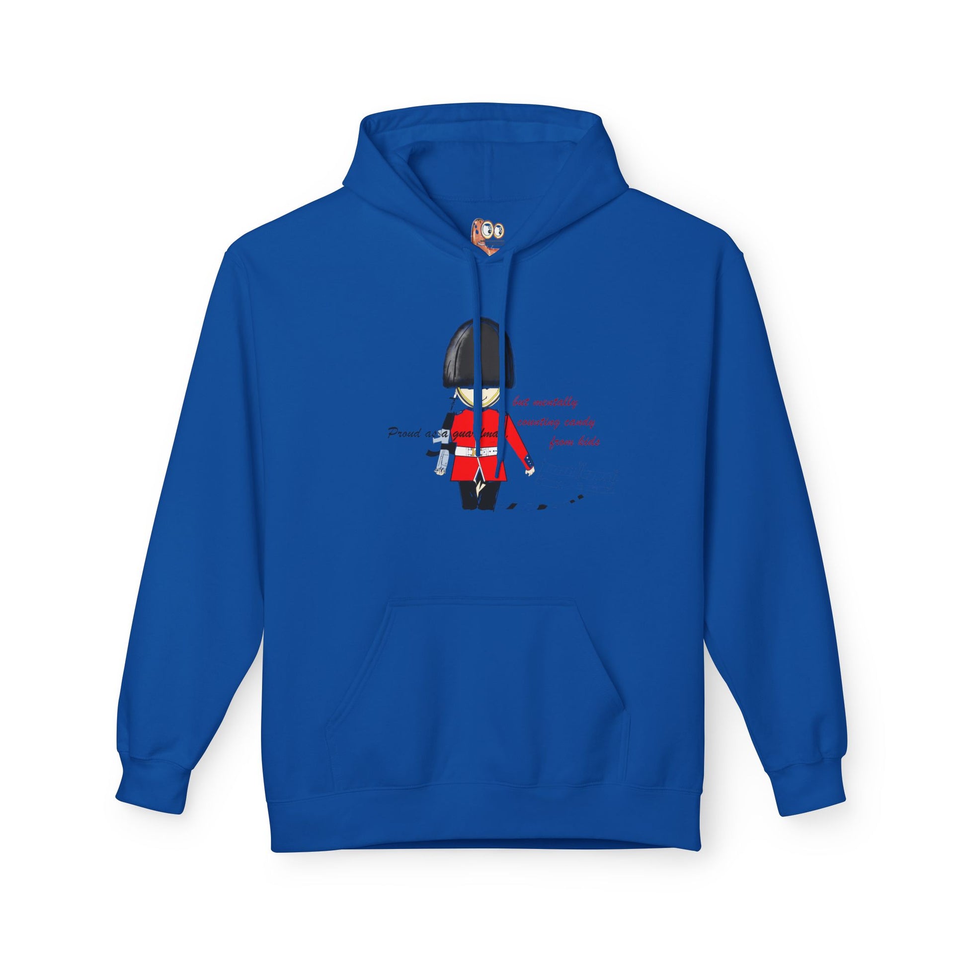 Blue hoodie with a graphic design on the back against a white background
