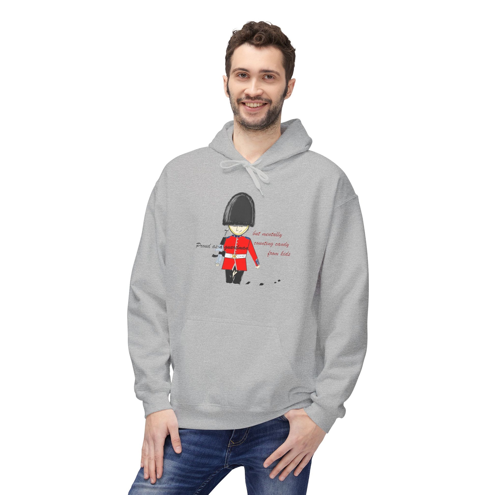 Man wearing a gray hoodie with a playful royal guardsman graphic design on a white background