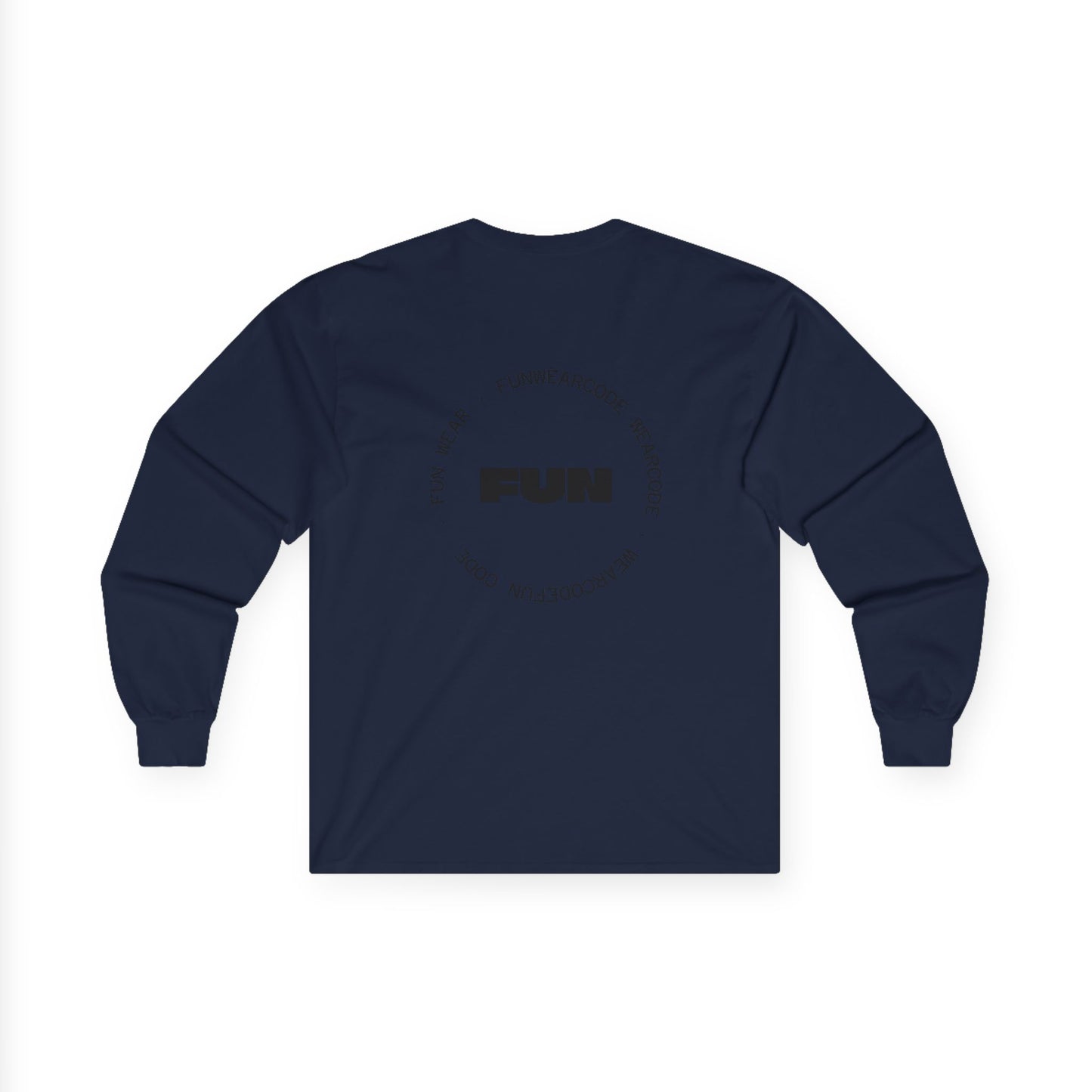 Back view of a black long-sleeve shirt with a FUN graphic design on a white background