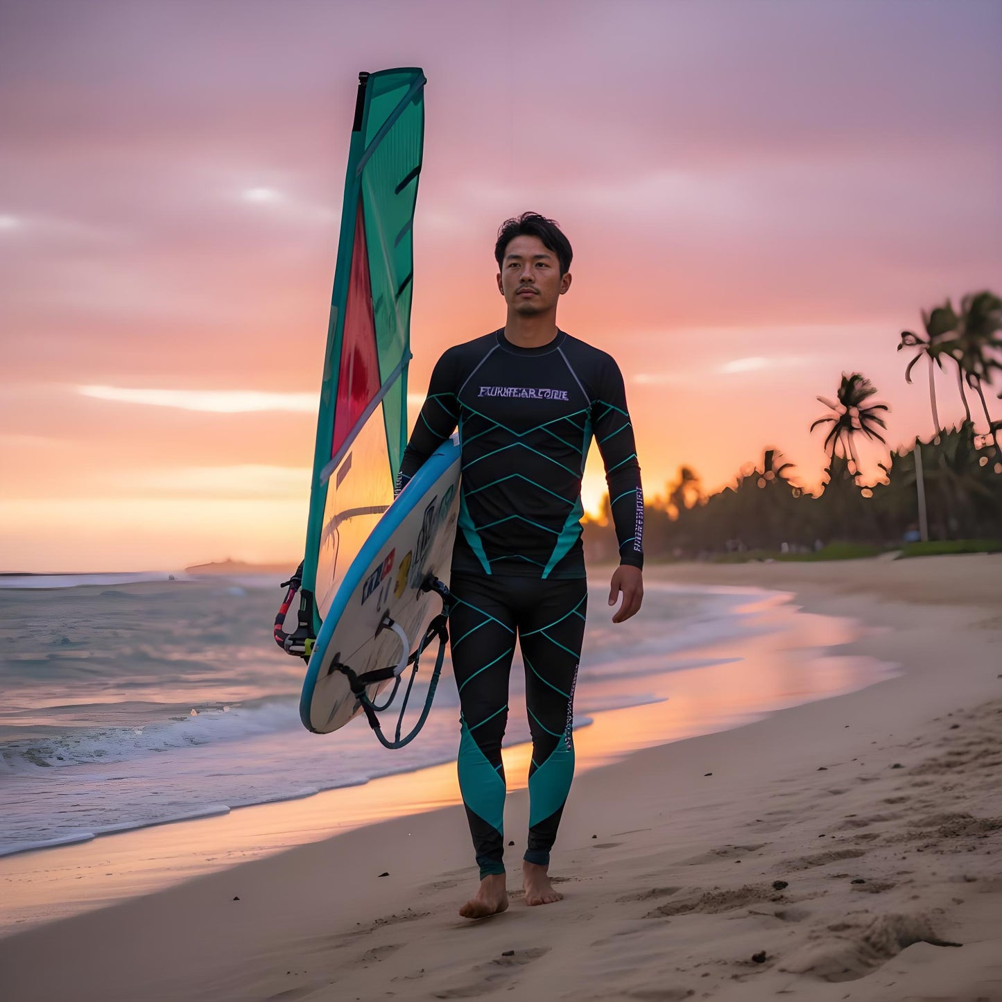 Man in a swim suit with a brand logo 'FunWearCode‘, holding a surfboard on a beach at sunset