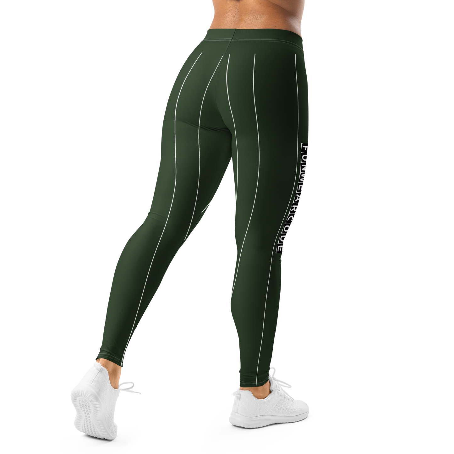 Green leggings with white stripes and text "Funwearcode" on a white background