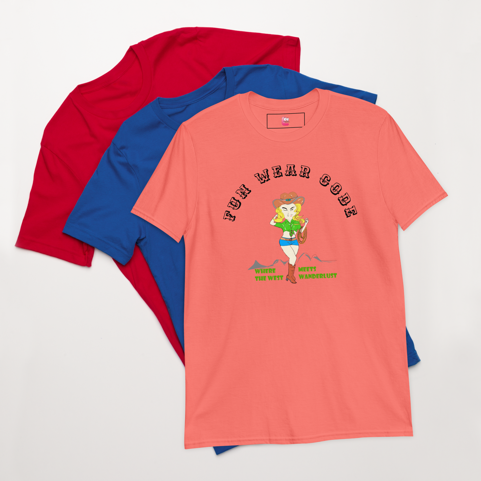 Three t-shirts in red, blue, and pink with a graphic design of a cowgirl and text " FUN WEAR CODE" on the pink shirt.