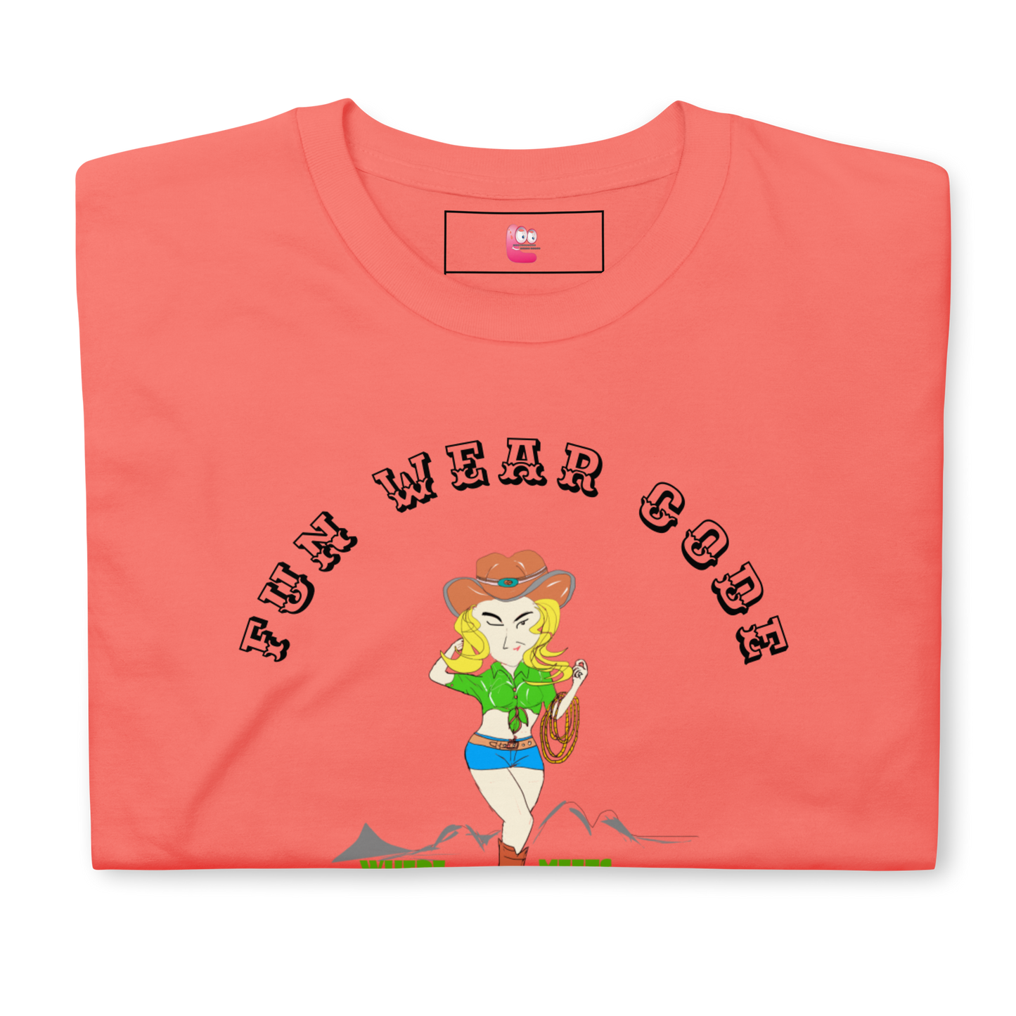 Folded coral t-shirt with a graphic design of a cowgirl and text " FUN WEAR CODE" on a white background
