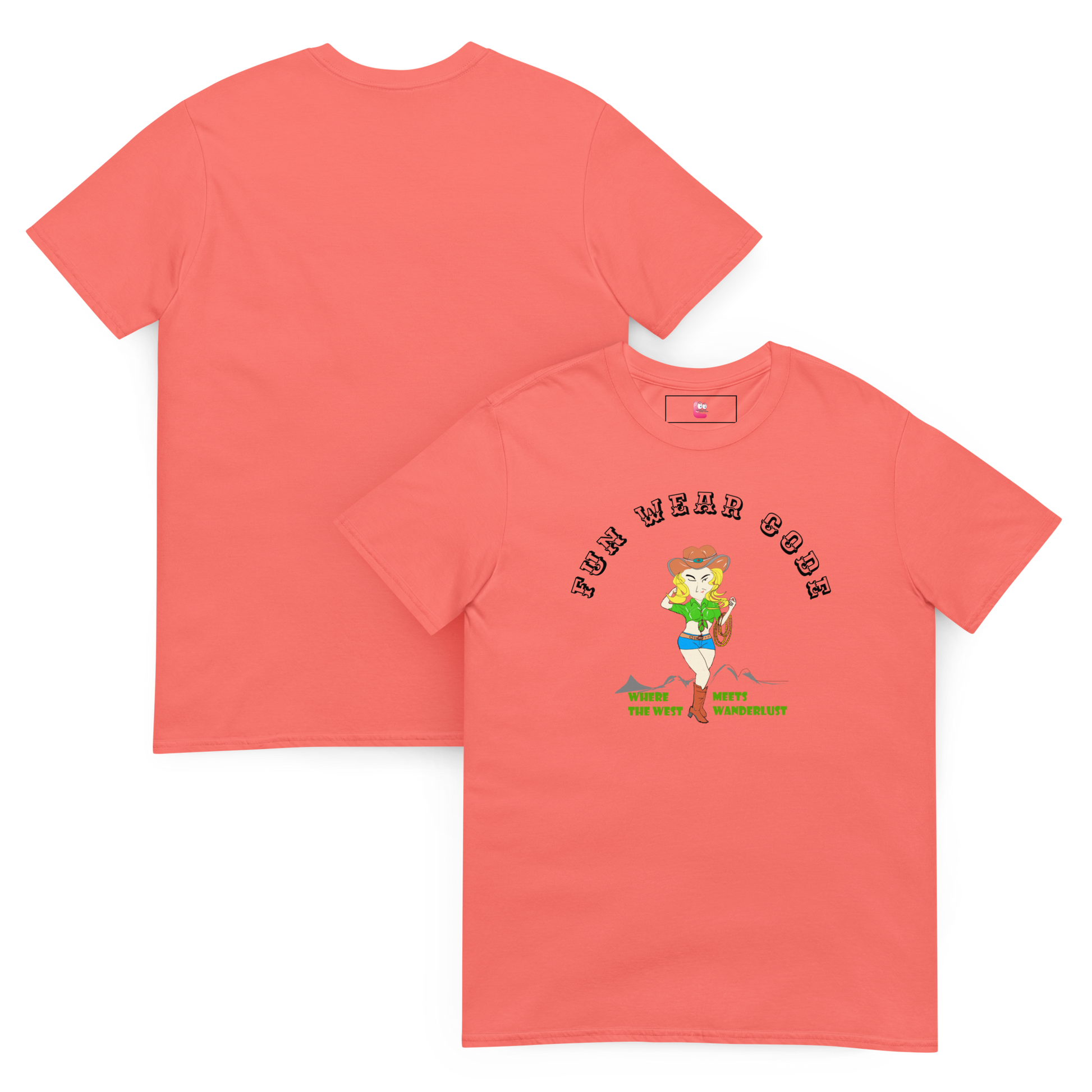 Coral t-shirt  with a graphic of a cowgirl and text "Fun Wear Code" on a white background