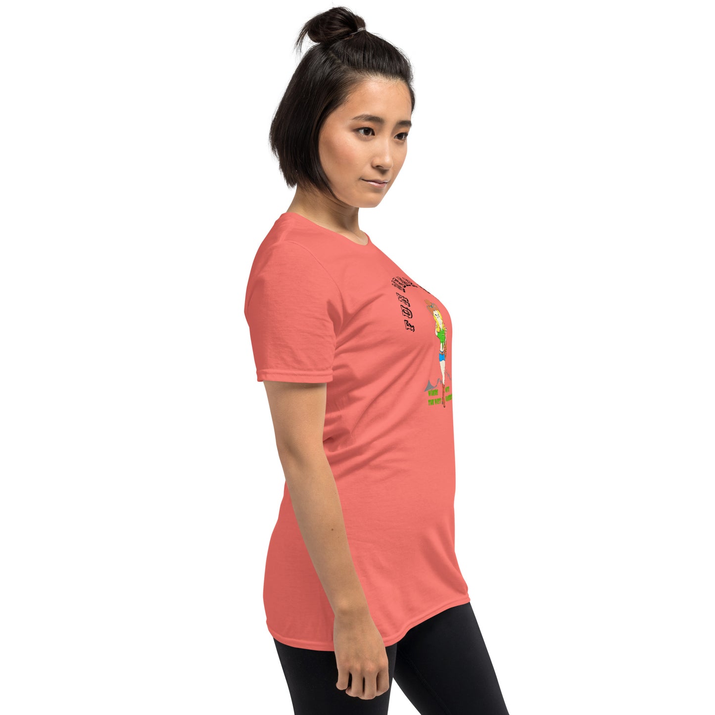 Woman wearing a coral t-shirt with a graphic design on a white background