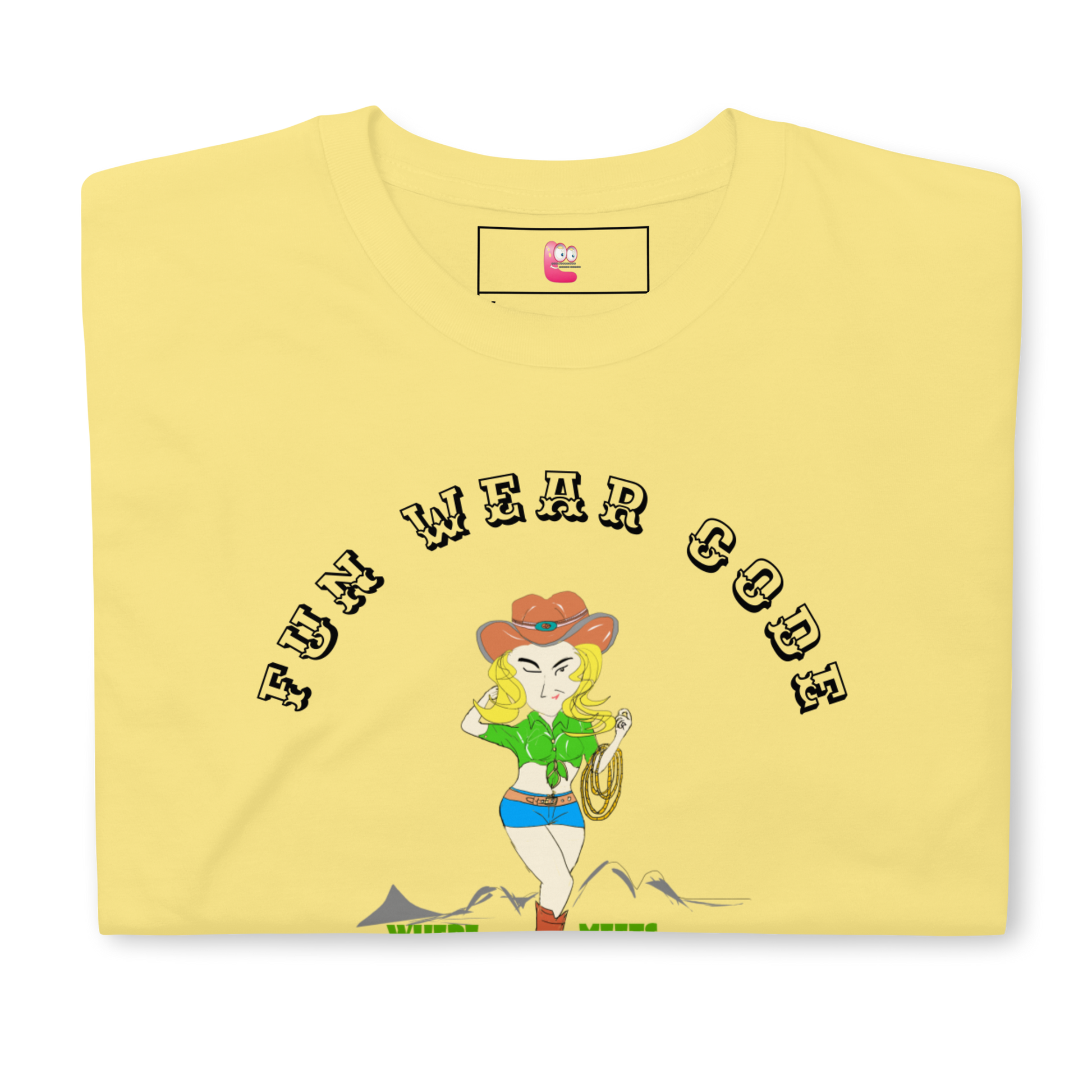 Yellow t-shirt with a graphic of a cowgirl and text "Fun Wear Code" on a white background