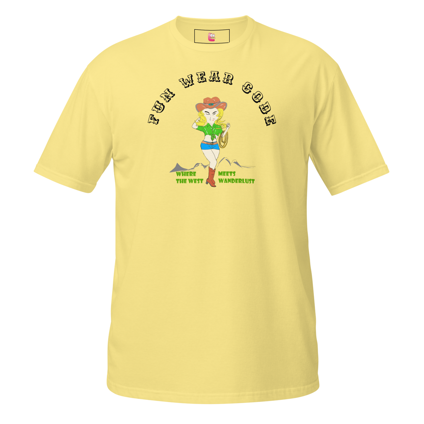 Yellow t-shirt  with a graphic of a cowgirl and text "Fun Wear Code" on a white background