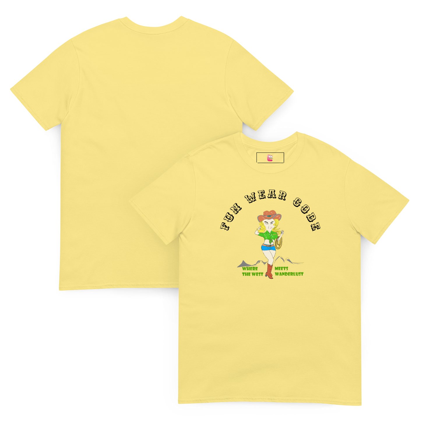 Yellow t-shirt with a cowgirl graphic design on a white background