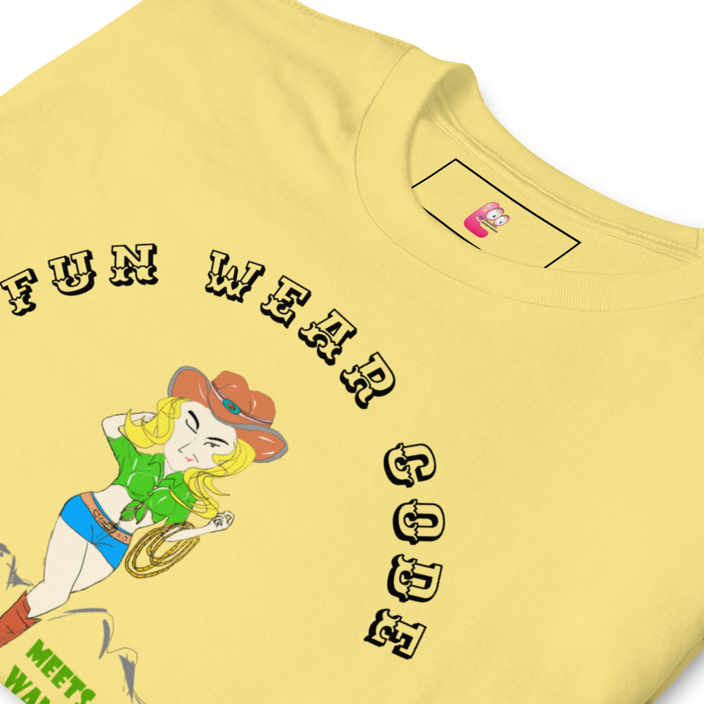 Yellow t-shirt  with a graphic of a cowgirl and text "Fun Wear Code" on a white background