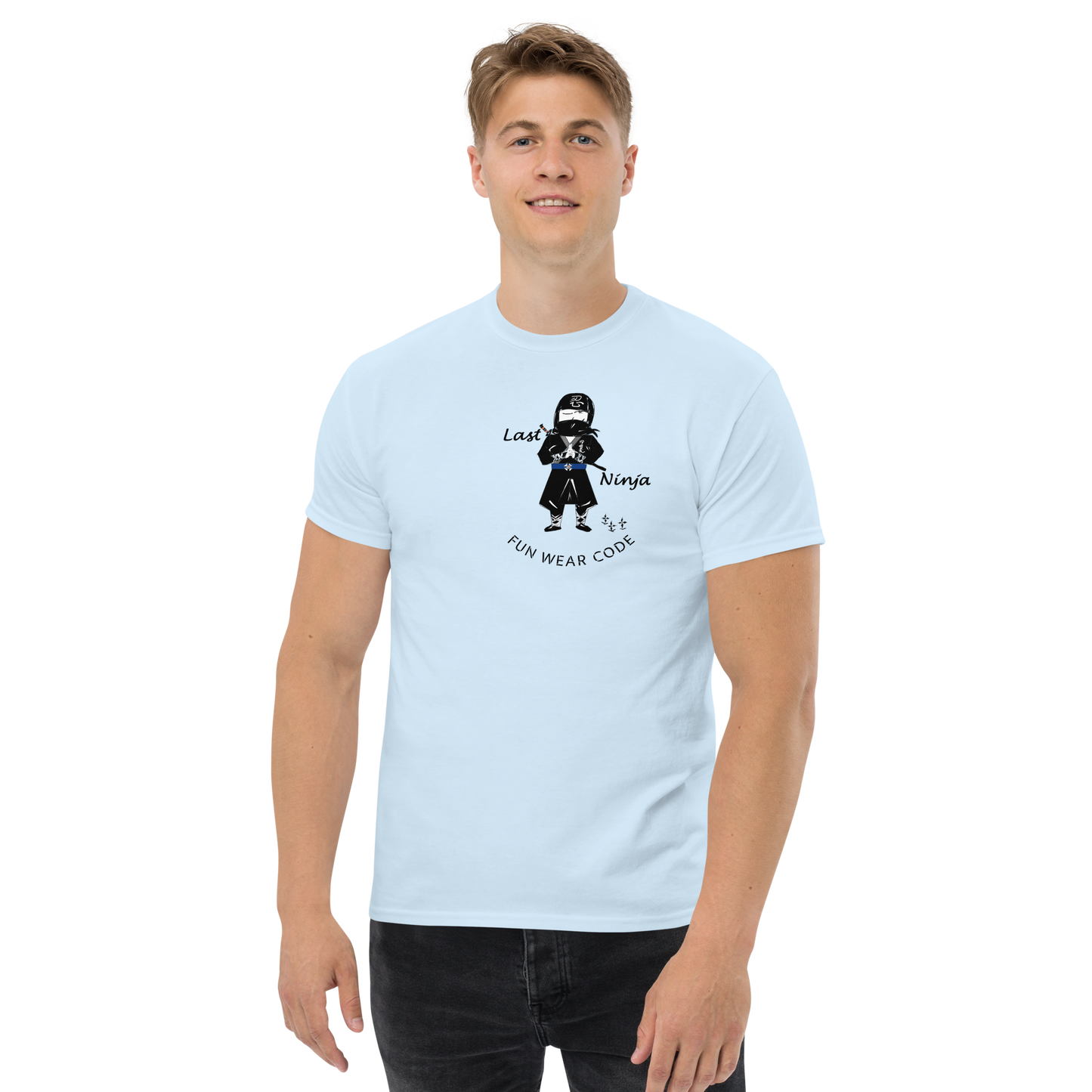 Person wearing a light blue t-shirt with a playful "Last Ninja" graphic design and text "FUN WEAR CODE" on a white background
