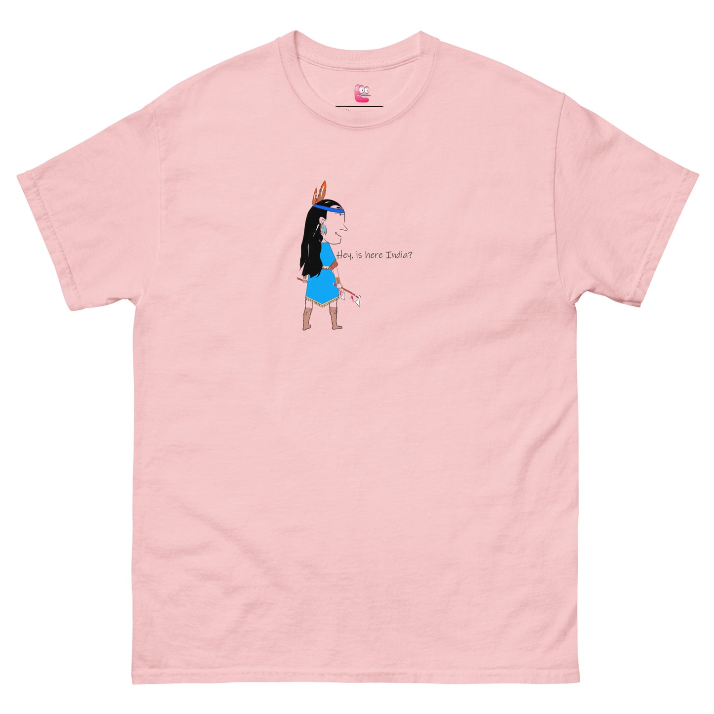 Front view of a pink t-shirt with an American Indian woman graphic design on a white background