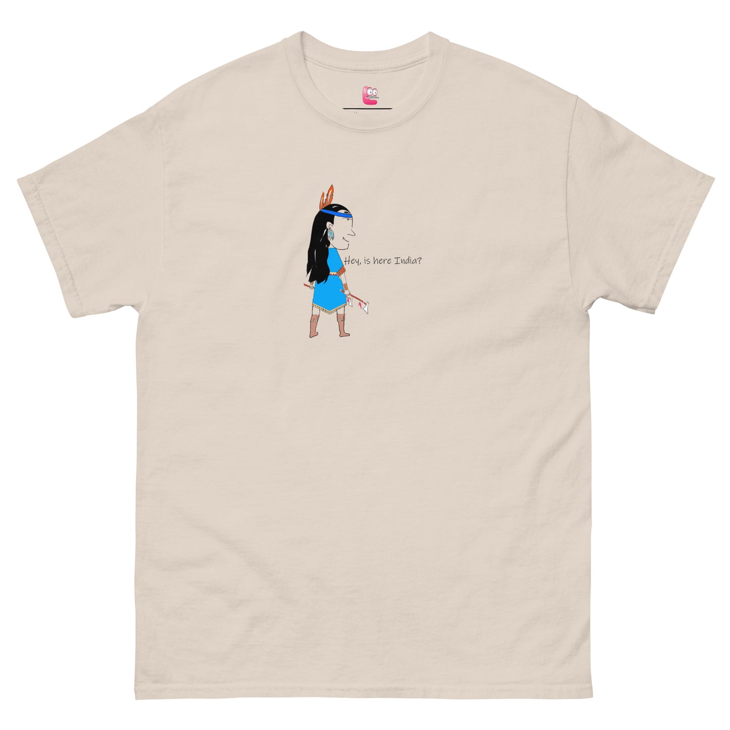 Front view of a beige t-shirt with an American Indian woman graphic design on a white background