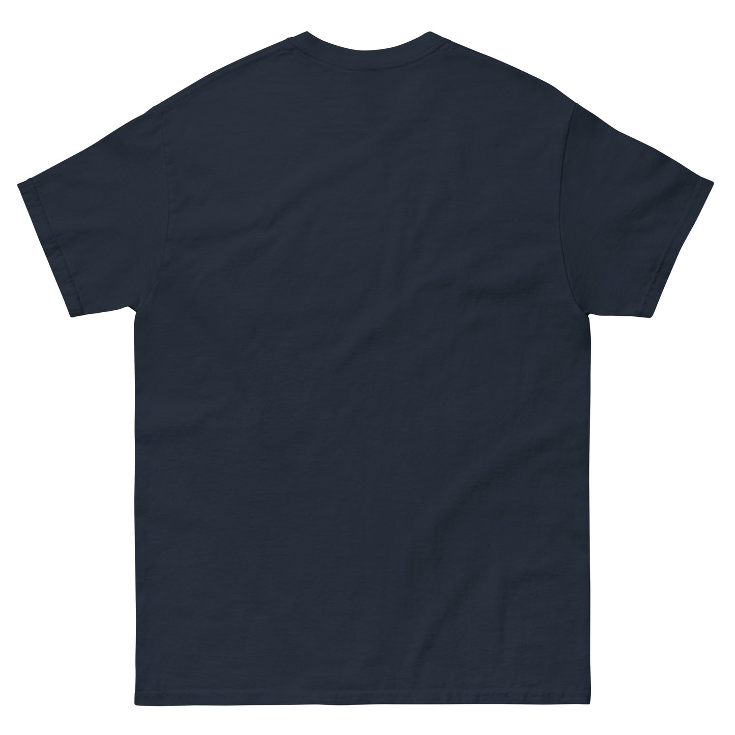 Back view of a navy T-shirt on a white background