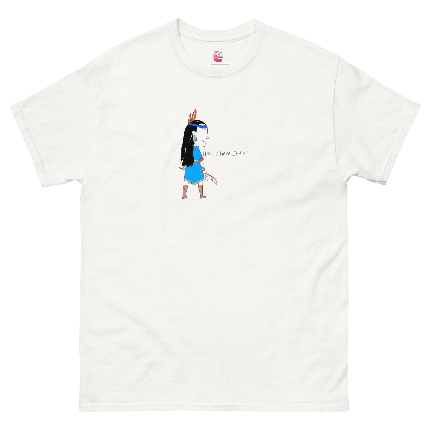 Front view of a white t-shirt with an American Indian woman graphic design on a white background