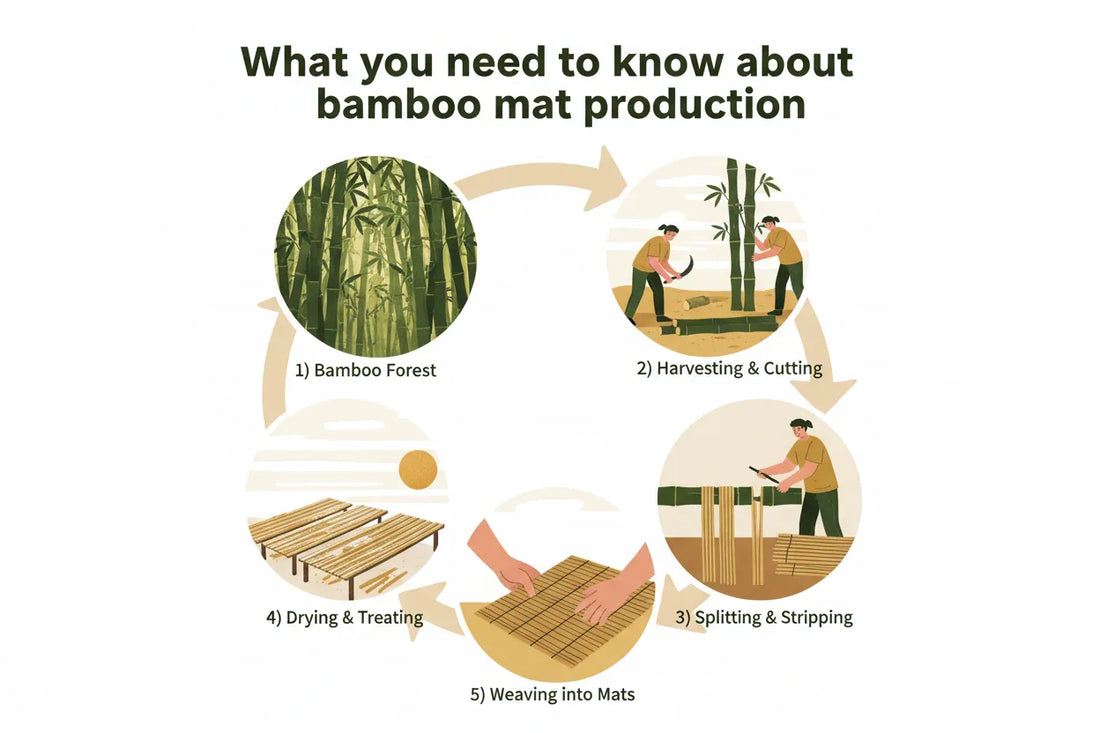 Step-by-step illustration of bamboo mat production process — from raw bamboo to finished cooling mat, showing carbonized and non-carbonized manufacturing stages