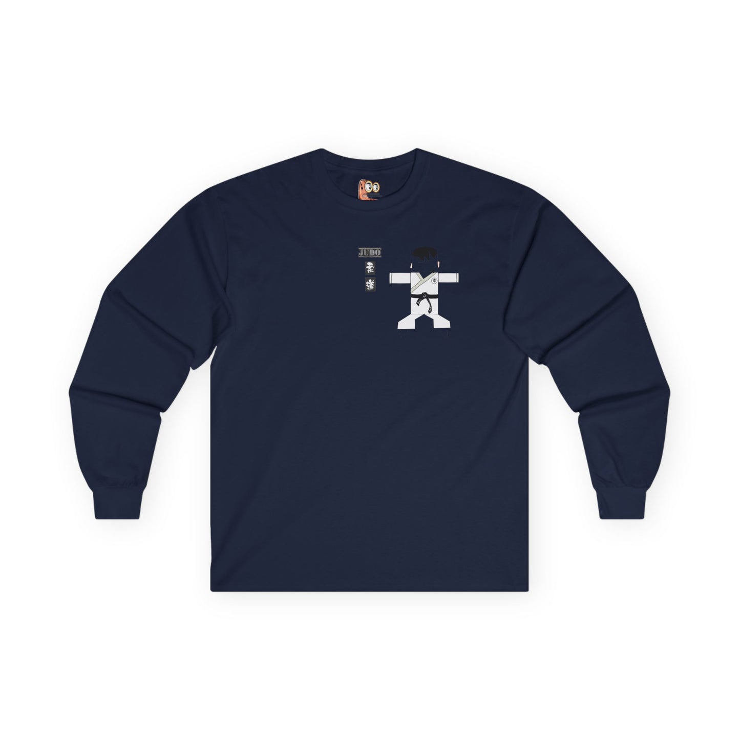 Front view of a black long-sleeve shirt with a judo man graphic design on a white background