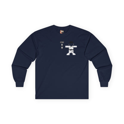 Front view of a black long-sleeve shirt with a judo man graphic design on a white background