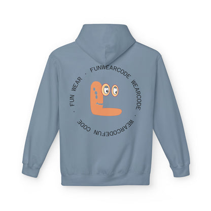 Blue hoodie with a FunWearCode logo and text on the back against a white background
