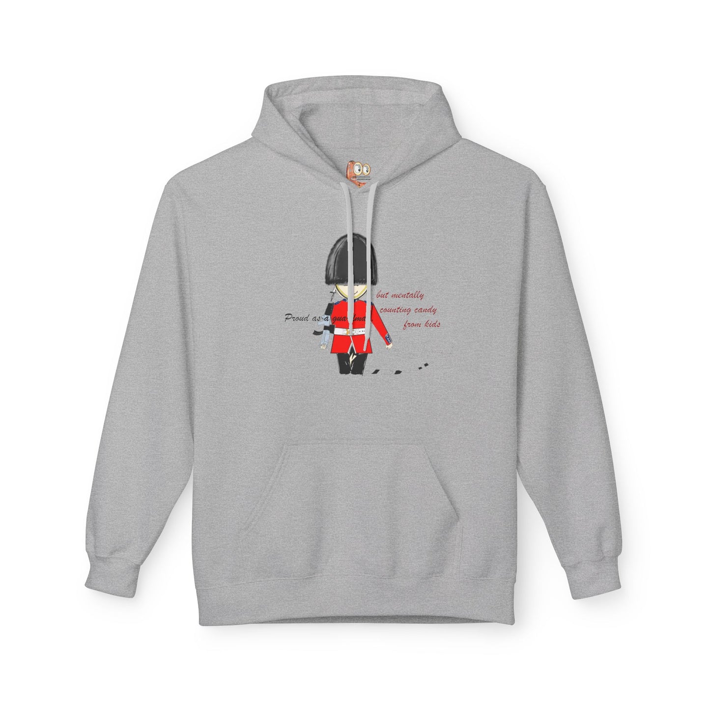 Gray hoodie with a graphic of a royal guardsman in a red uniform and black hat on a white background