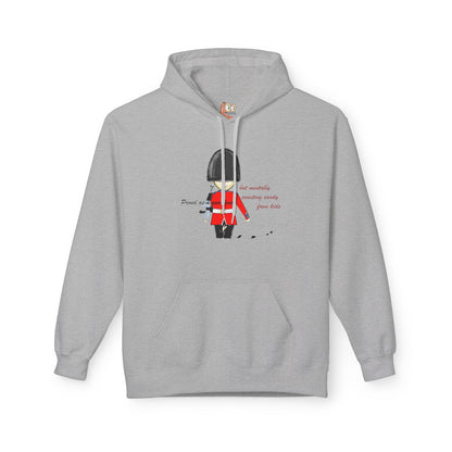 Gray hoodie with a graphic of a royal guardsman in a red uniform and black hat on a white background