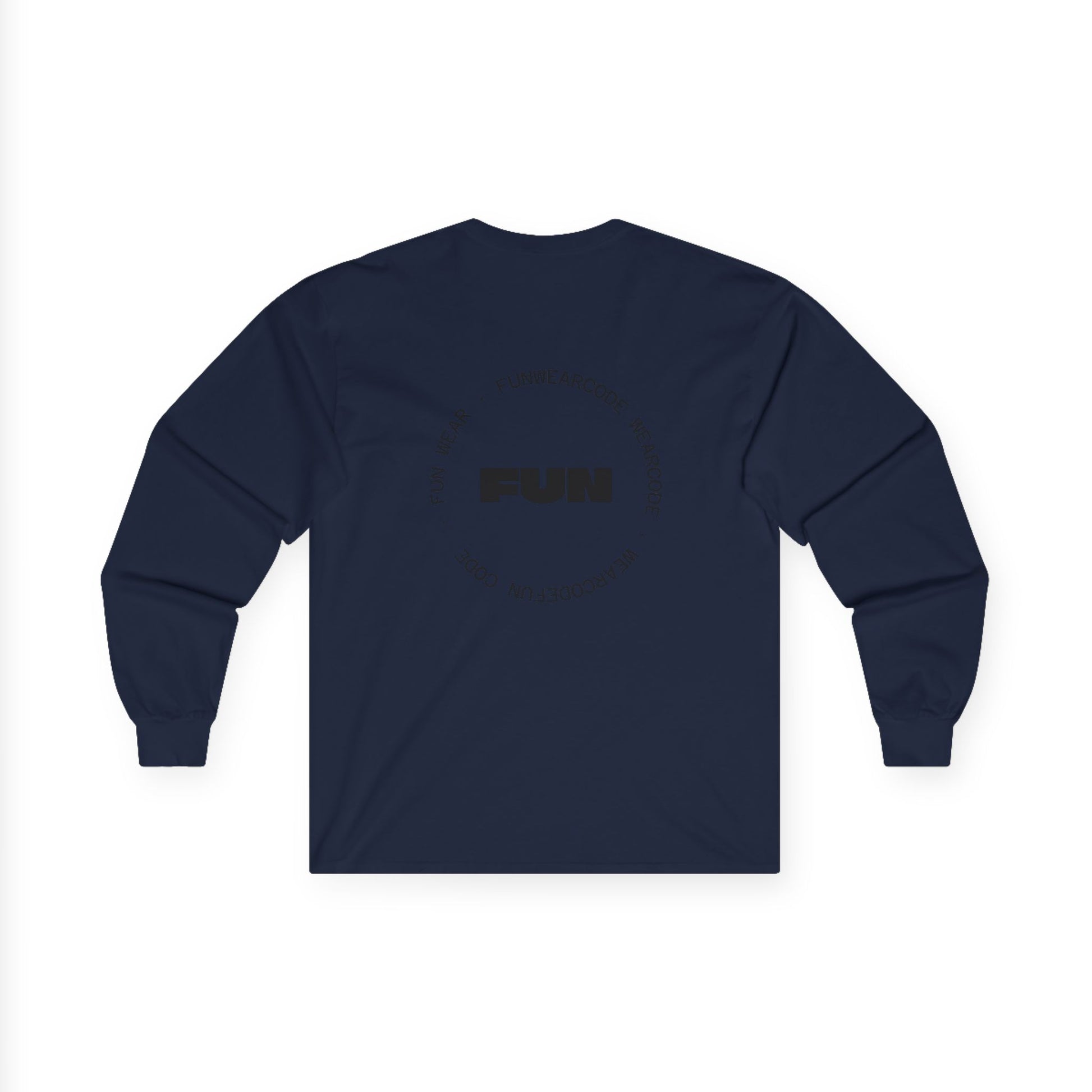 Back view of a black long-sleeve shirt with a FUN graphic design on a white background