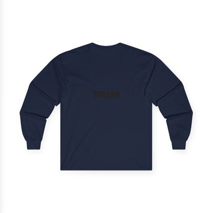 Back view of a black long-sleeve shirt with a FUN graphic design on a white background