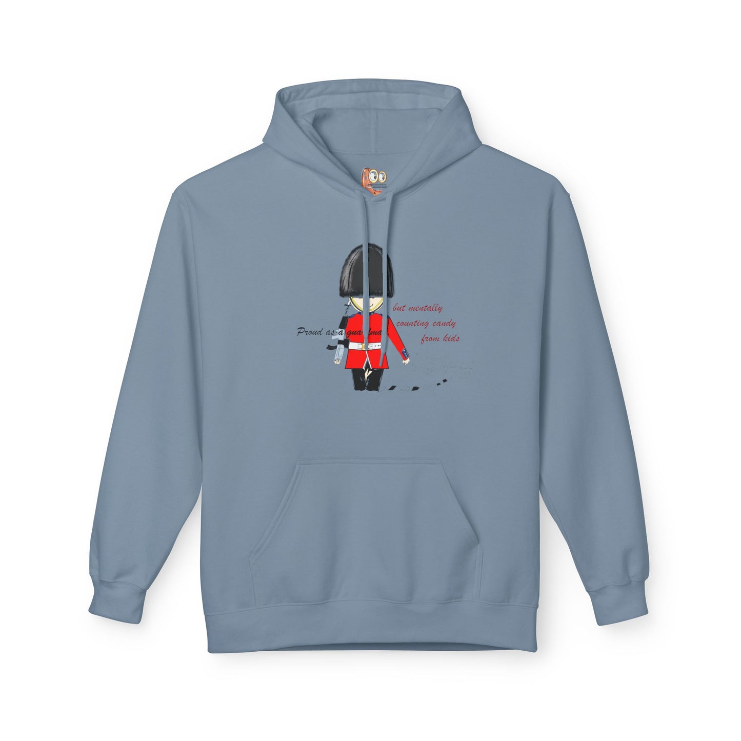 Blue hoodie with a graphic of an English guardsman in a red uniform and black hat on a white background