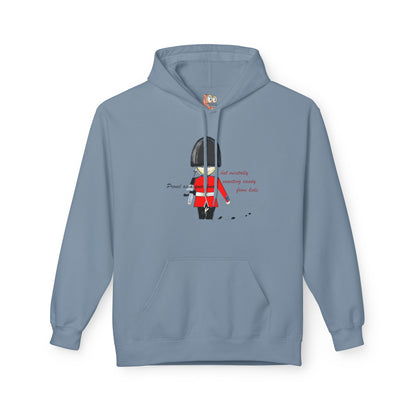 Blue hoodie with a graphic of an English guardsman in a red uniform and black hat on a white background