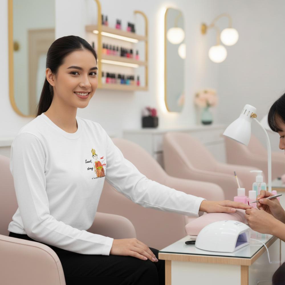 Nail technician applying nail polish to a female client wearing a white sweatshirt with a playful Thai lady graphic and text "fun wear code" in a salon setting.