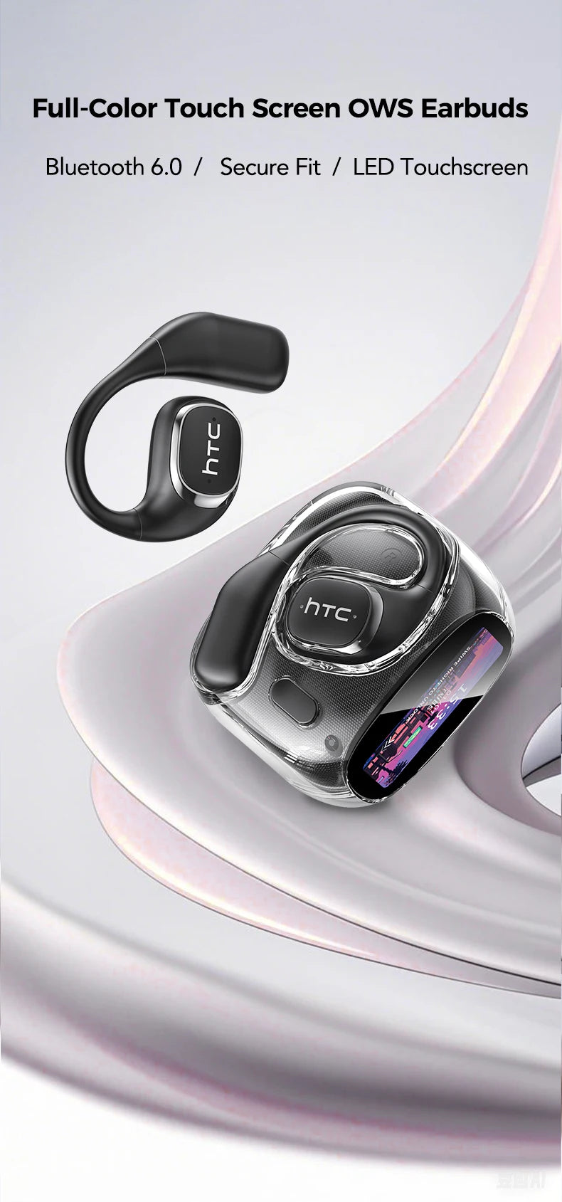 Pair of HTC wireless earbuds with charging case on a white background