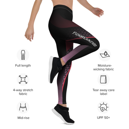 Person wearing black and red "Funwearcode" brand leggings with feature icons on a white background