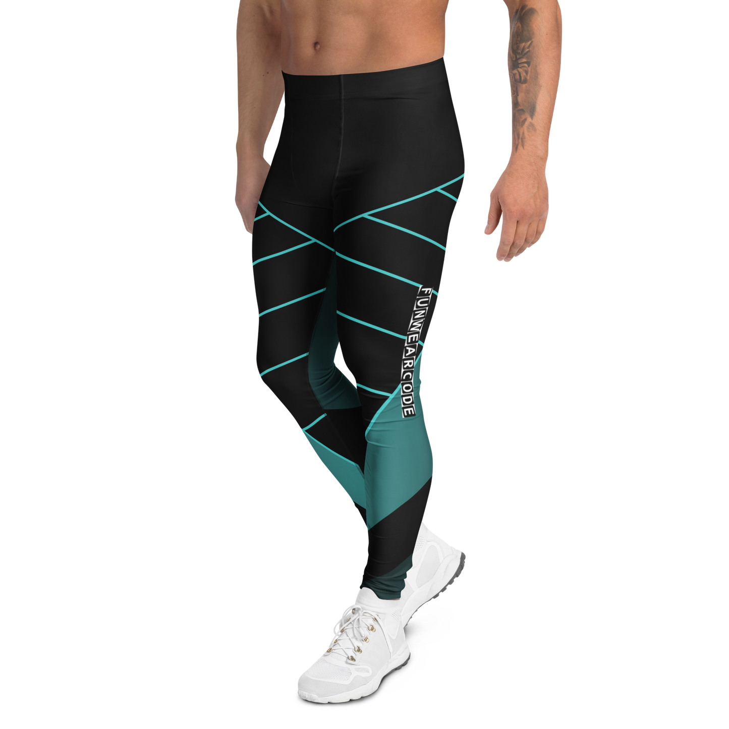 Person wearing black and teal leggings with a brand logo 'Funwearcode'on a white background