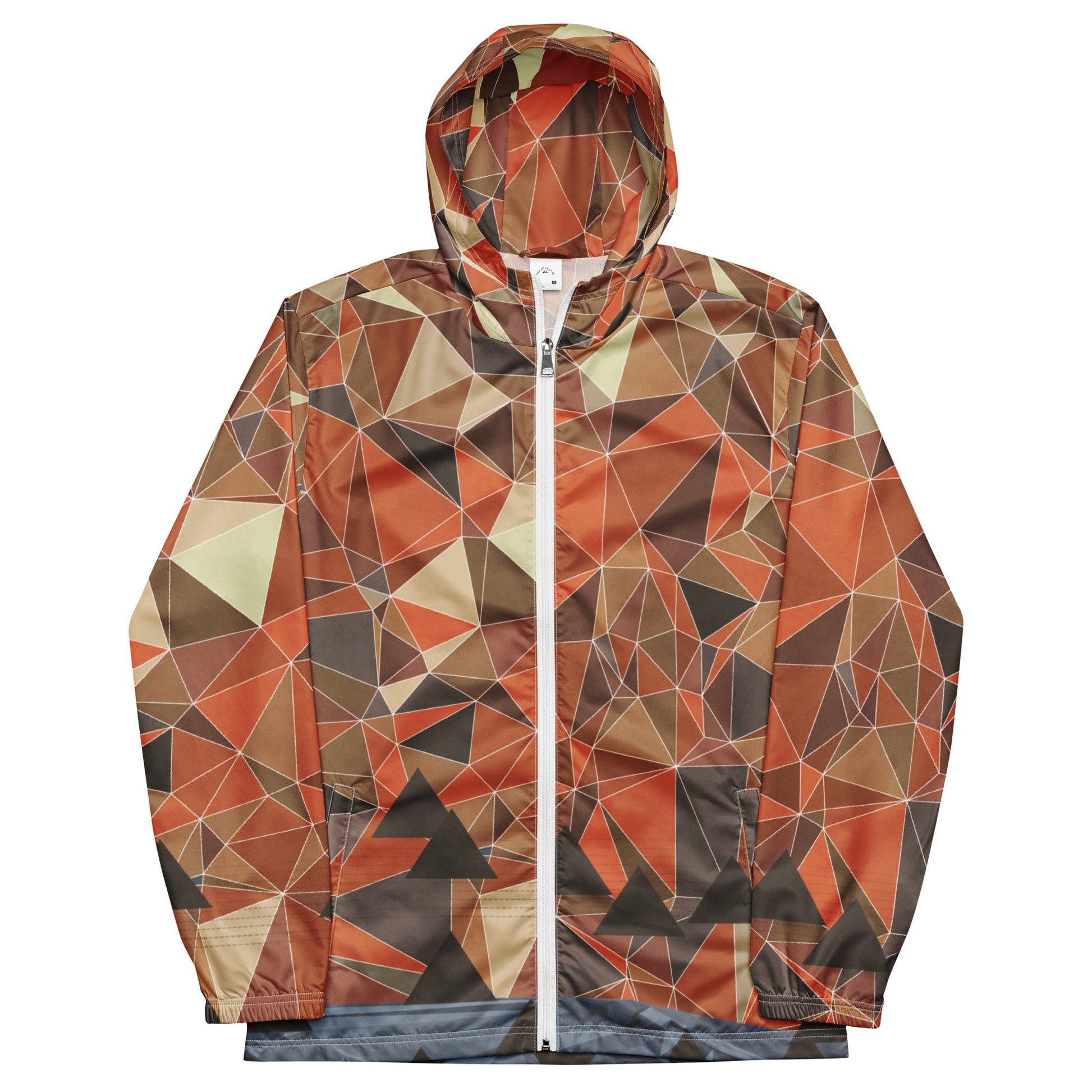 A multicolor geometric patterned windbreaker jacket with a hood on a white background