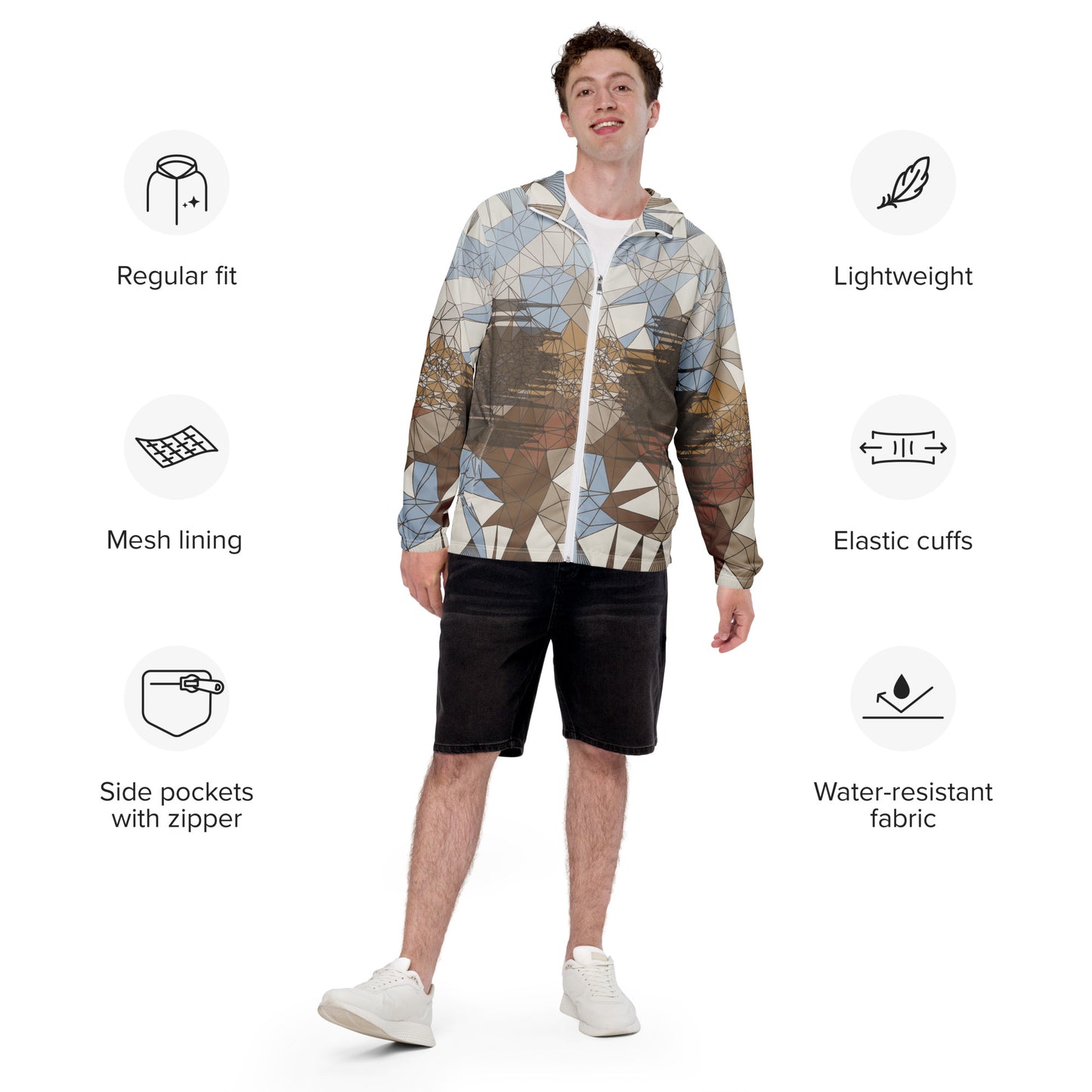 Person wearing a geometric patterned windbreaker with features listed on either side.