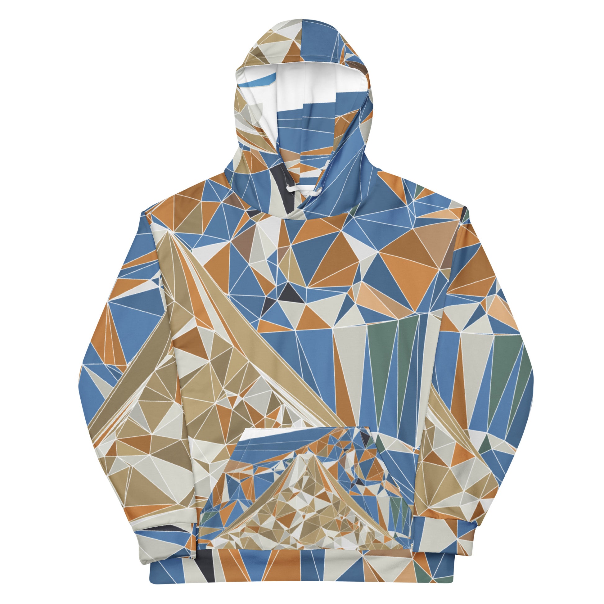 Hoodie with geometric Mount Fuji pattern on a white background