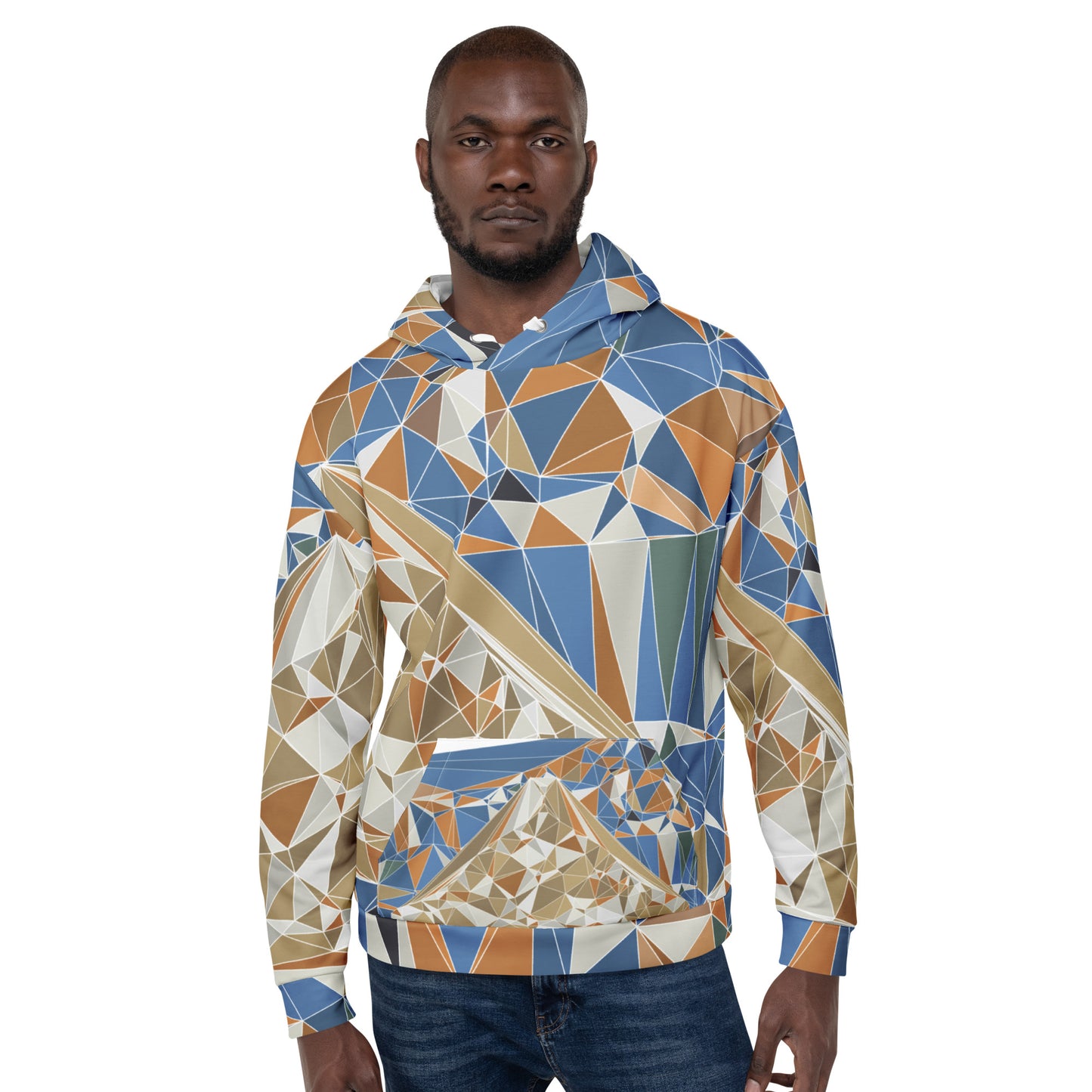 Man wearing a geometric patterned hoodie with Mount Fuji graphic on a white background