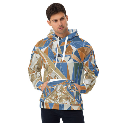 Man wearing a geometric patterned hoodie with Mount Fuji graphic on a white background