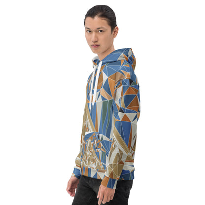 Person wearing a geometric patterned hoodie on a white background