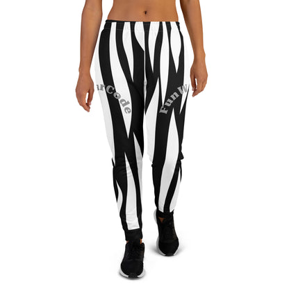Black and white striped pants with a 'Fun Wear Code' text logo worn by a person on a white background