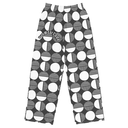 Black pants with white geometric pattern with a 'Fun Wear Code' text logo  on a white background