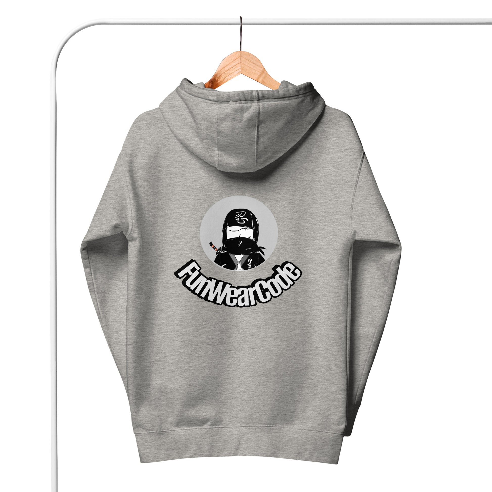 Gray hoodie with a logo and text on the back, hanging on a wooden hanger against a white background.
