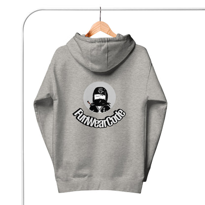 Gray hoodie with a logo and text on the back, hanging on a wooden hanger against a white background.